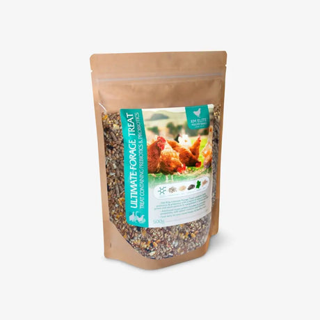 Brown resealable pouch of ultimate forage poultry treat mix by k&k elite pet products for healthy feeding