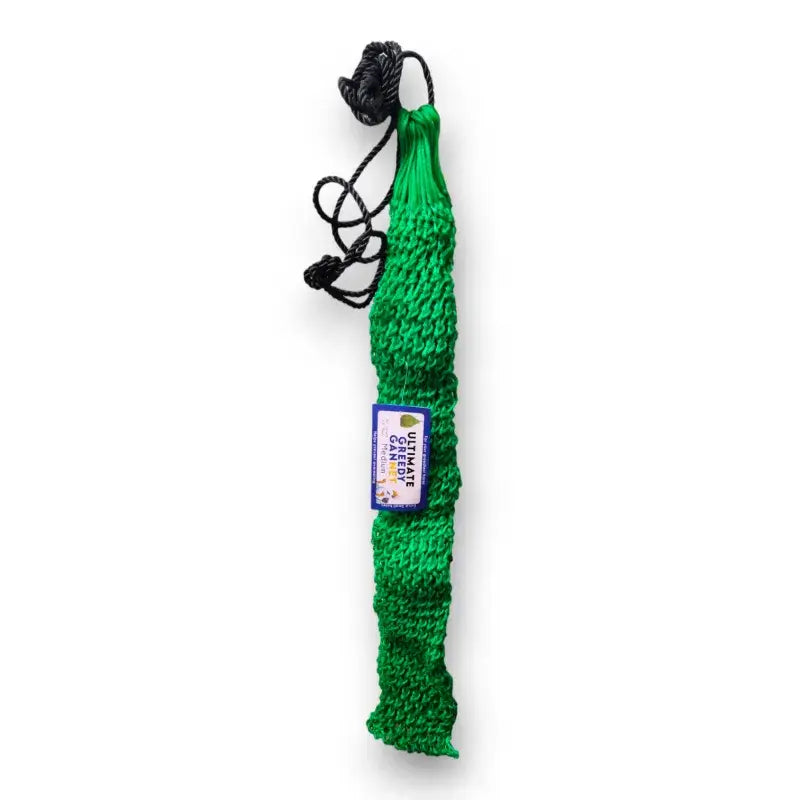 Green knitted garden tool cover with black drawstring closure for ultimate greedy gannet gannet haynet small mesh haylage net