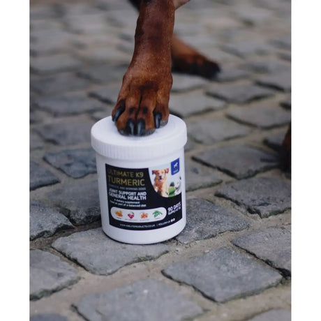White cylindrical container of ultimate k9 turmeric 450g with black label and colorful icons for working dogs joint support