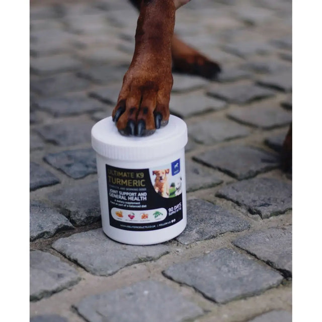 White cylindrical container of ultimate k9 turmeric 450g with black label and colorful icons for working dogs joint support