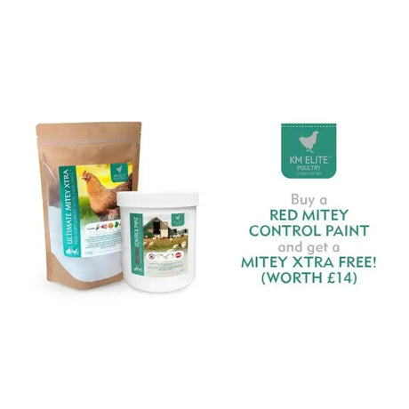 White cylindrical container of ultimate mitey control paint 1ltr with mitey xtra free and chicken coop illustration