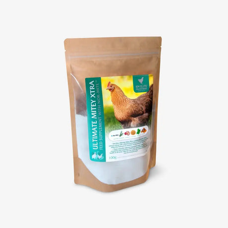 Brown resealable pouch of ultimate mitey xtra feed supplement with clove and lemongrass for chickens