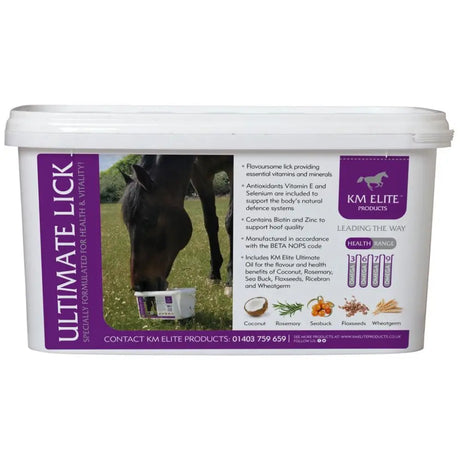 White plastic tub of km elite ultimate oil lick horse licks with purple label and horse eating for horse vitamins