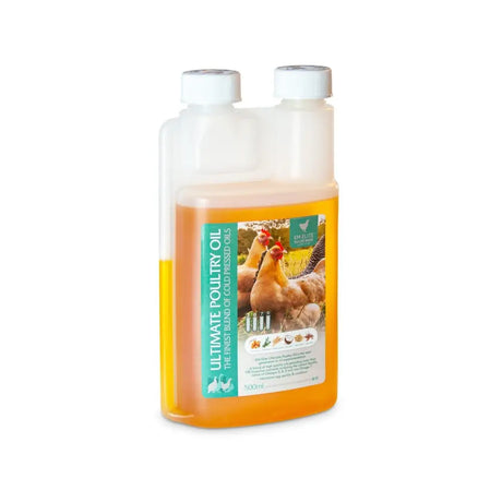 A clear plastic bottle with two white caps filled with orange ultimate poultry oil by elite animal health with bioactive nutrients