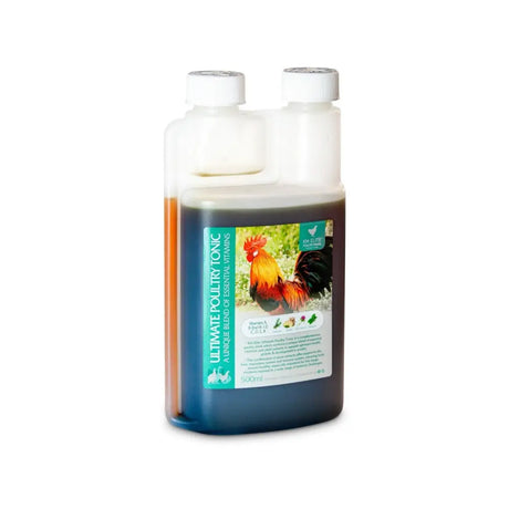 Clear plastic bottle of ultimate poultry tonic by van epps with dark liquid and orange layer as a complimentary poultry drink