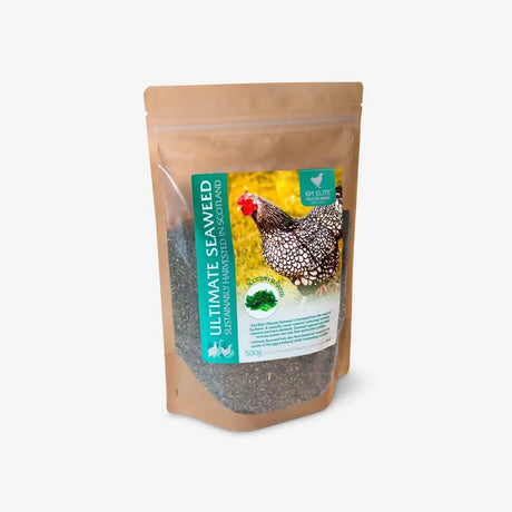 A brown resealable pouch of k&h elite ultimate seaweed containing 500g of dark green finely chopped ultimate seaweed