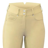Beige ultimo show breeches with ultimate stretch high waist, button closure, and perforated knee panels for riding