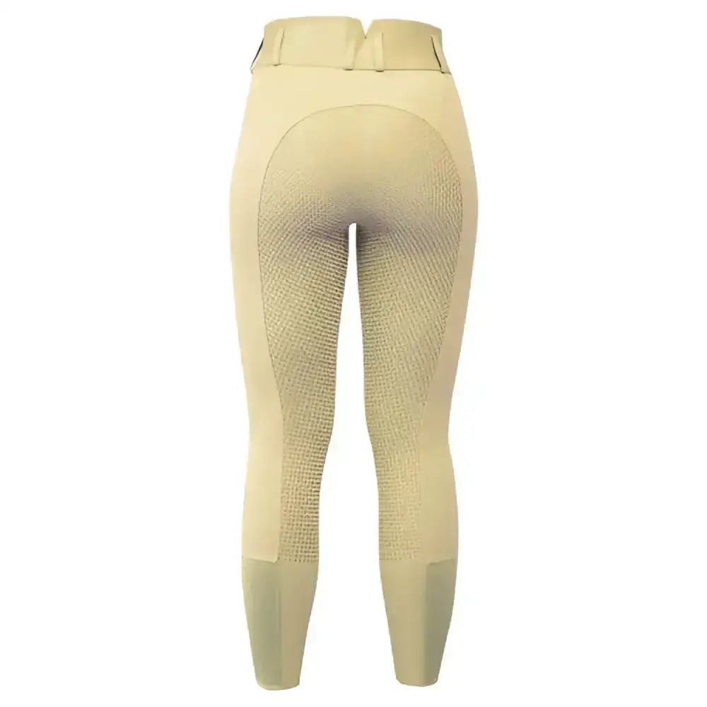 Beige ultimo show breeches back view with breathable mesh panel and reinforced ankle cuffs high waist breeches ultimate stretch