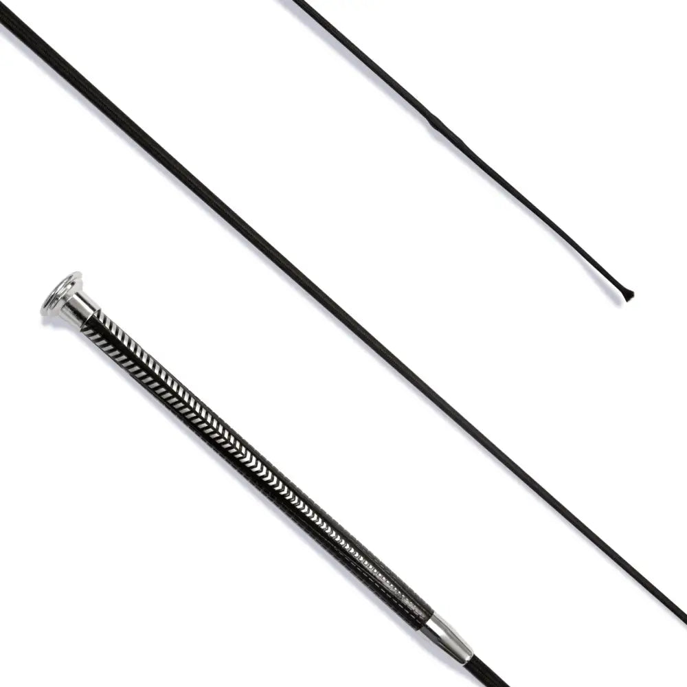Black ultra balanced dressage whip 110cm with silver metallic handle and textured grip for balanced dressage use