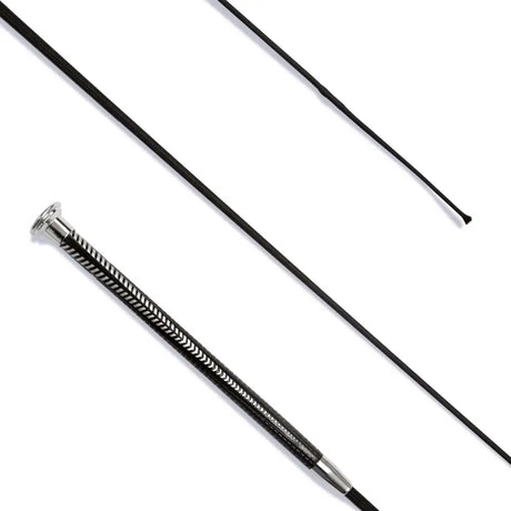 Black ultra balanced dressage whip 110cm with silver metallic handle and textured grip for balanced dressage use