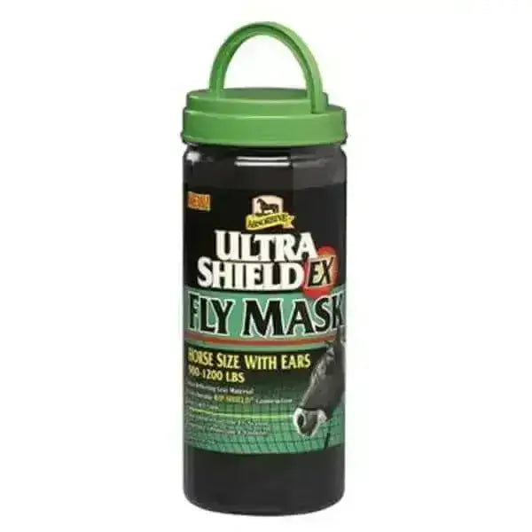 Green and black cylindrical container with green handle for brilliant ultrashield ex fly mask providing maximum protection