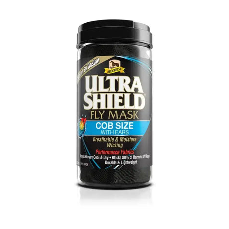 Black cylindrical container of absorbine ultrashield fly mask with ears for cob-sized horses featuring high-tech fabrics originally designed fly mask design