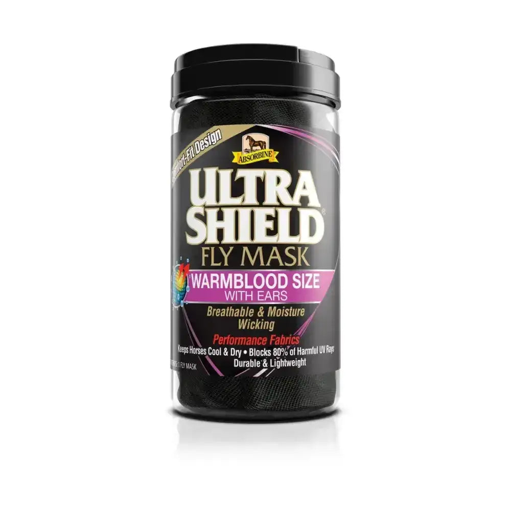 Black cylindrical container with lid labeled ultrashield fly mask for warmblood horses featuring high-tech fabrics design