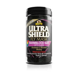 Black cylindrical container with lid labeled ultrashield fly mask for warmblood horses featuring high-tech fabrics design