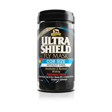 Black cylindrical container with ultraShield fly mask label featuring high-tech fabrics and fly mask design without ears