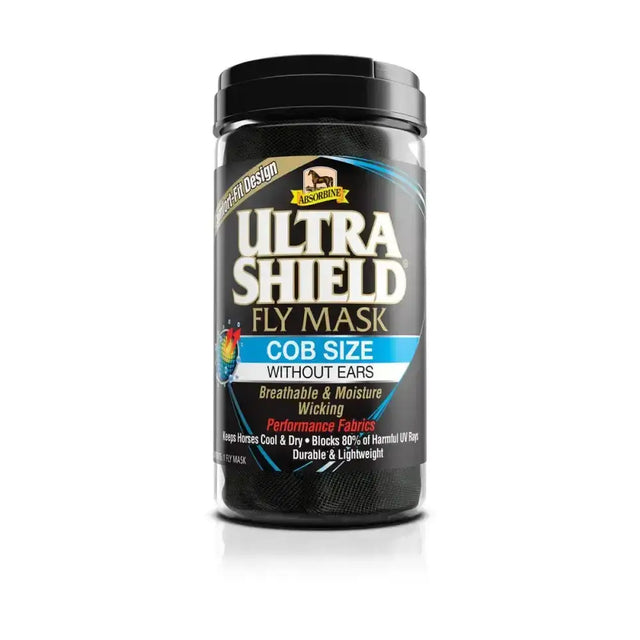 Black cylindrical container with ultraShield fly mask label featuring high-tech fabrics and fly mask design without ears