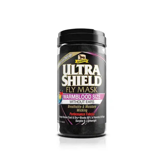 Black cylindrical container with black lid labeled ultrashield fly mask featuring fly mask design and high-tech fabrics originally