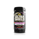 Black cylindrical container with black lid labeled ultrashield fly mask featuring fly mask design and high-tech fabrics originally