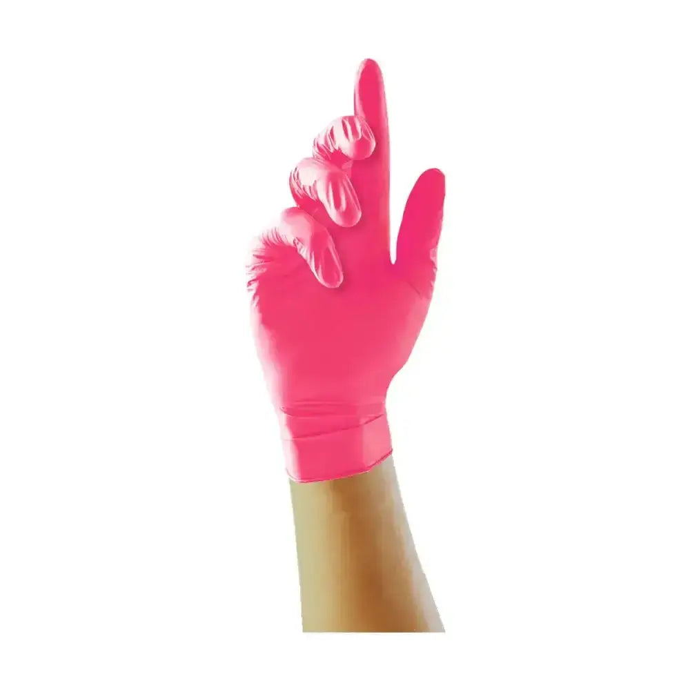 A vibrant pink unicare clear latex glove worn on a hand with fingers curled showing latex powder free quality