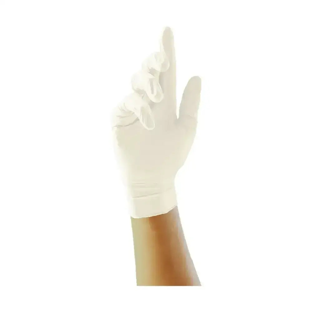 A hand wearing a snug white unicare clear latex powder free glove showing smooth texture pack of 100