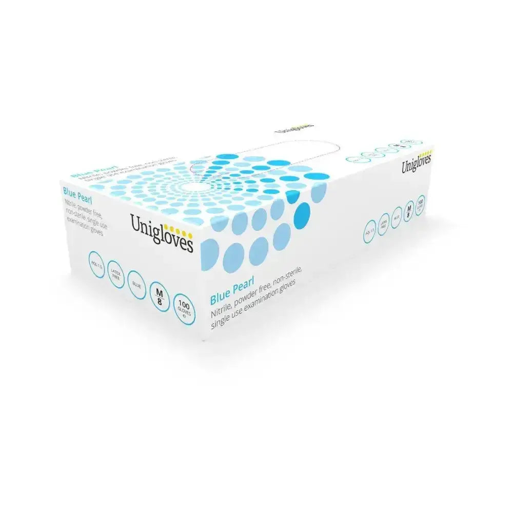 White cardboard box of 100 medium blue pearl nitrile gloves by unigloves featuring unicare clear latex branding