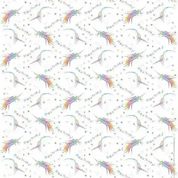 White unicorn gift wrapping paper with rainbow unicorns and happy birthday text for wrapping paper gifts