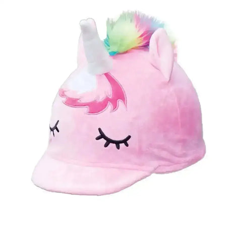 Pink plush unicorn hat with white horn rainbow mane and embroidered eyes for unicorn hat silk equetech hat covers