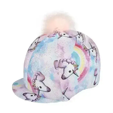 Pastel-colored unicorn lycra riding hat cover with rainbow pattern and fluffy pom-pom on top