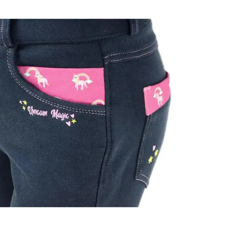 Black denim unicorn magic breeches with pink unicorn pocket linings and embroidered magic breeches text by little rider