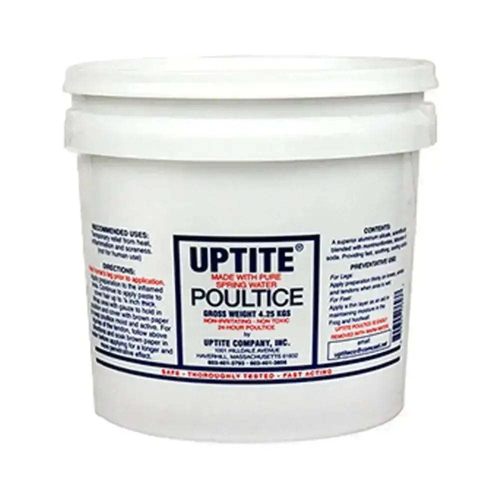 White plastic bucket of uptite poultice powder with black and red label for cooling action in animal husbandry