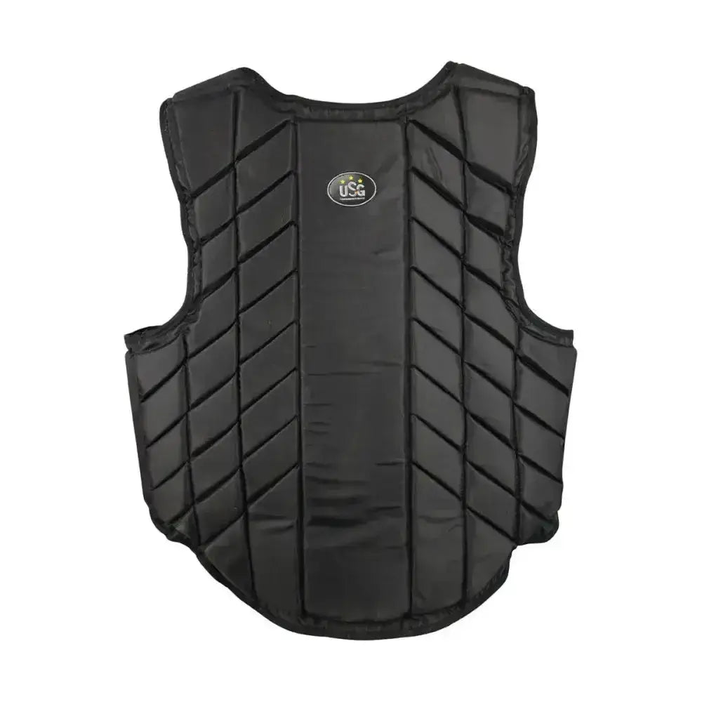 Black padded usg eco-flexi panel body protector showing the back with quilted design and usg logo for upper body protection