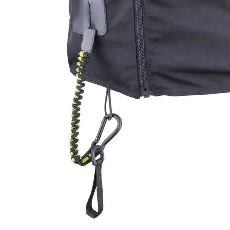 Black and neon yellow coiled strap with carabiner clip attached to dark gray usg equiairbag aixplorer air vest bag