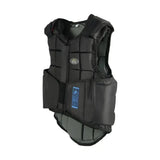 Black usg flexi panel body protector with padded sections and a blue label for rider safety and comfort