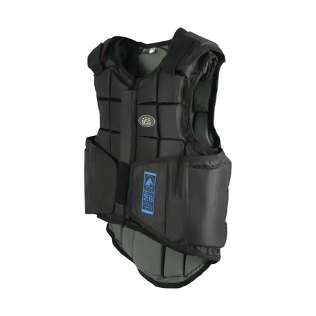 Black usg flexi panel body protector with padded sections and a blue label for rider safety and comfort