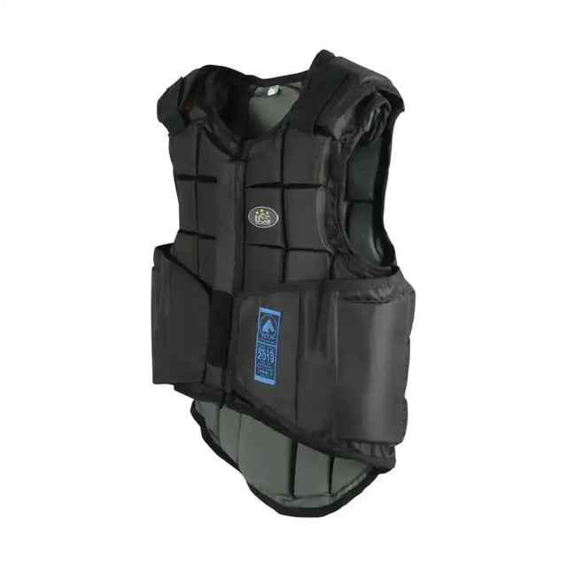 Black usg flexi panel body protector with padded sections and a blue label for rider safety and comfort