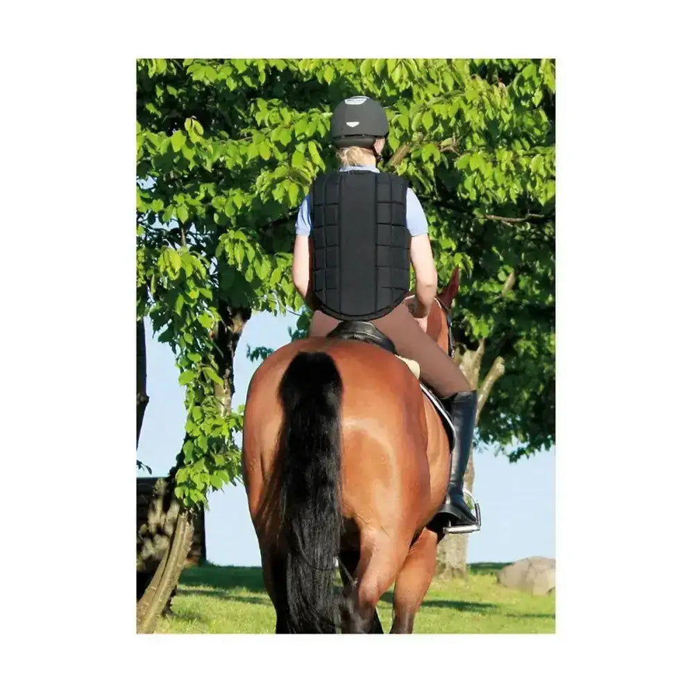 Black usg flexi panel body protector with a small white logo on the front designed for equestrian safety