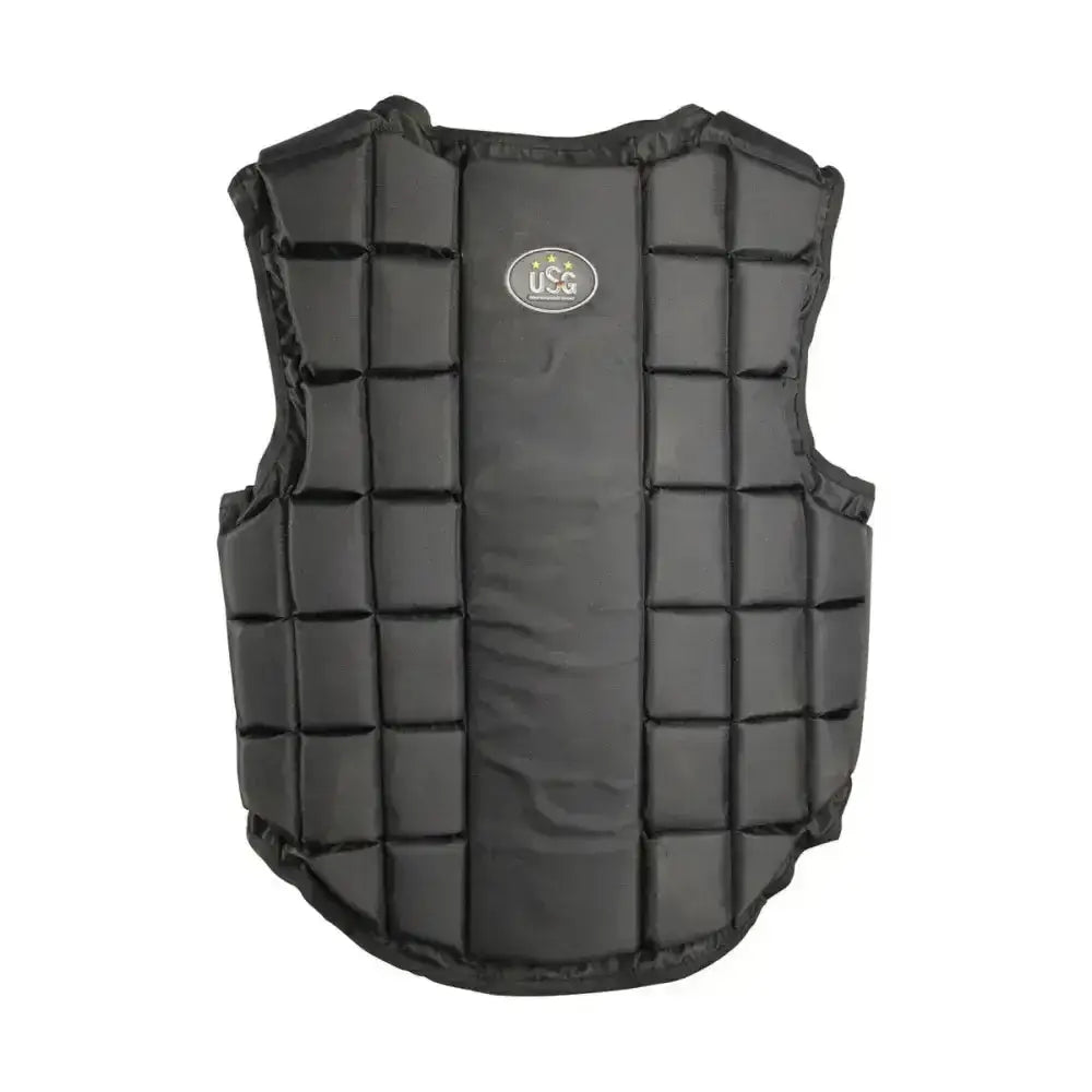 Black padded usg flexi panel body protector with quilted design and oval usa logo on chest for flexible protection
