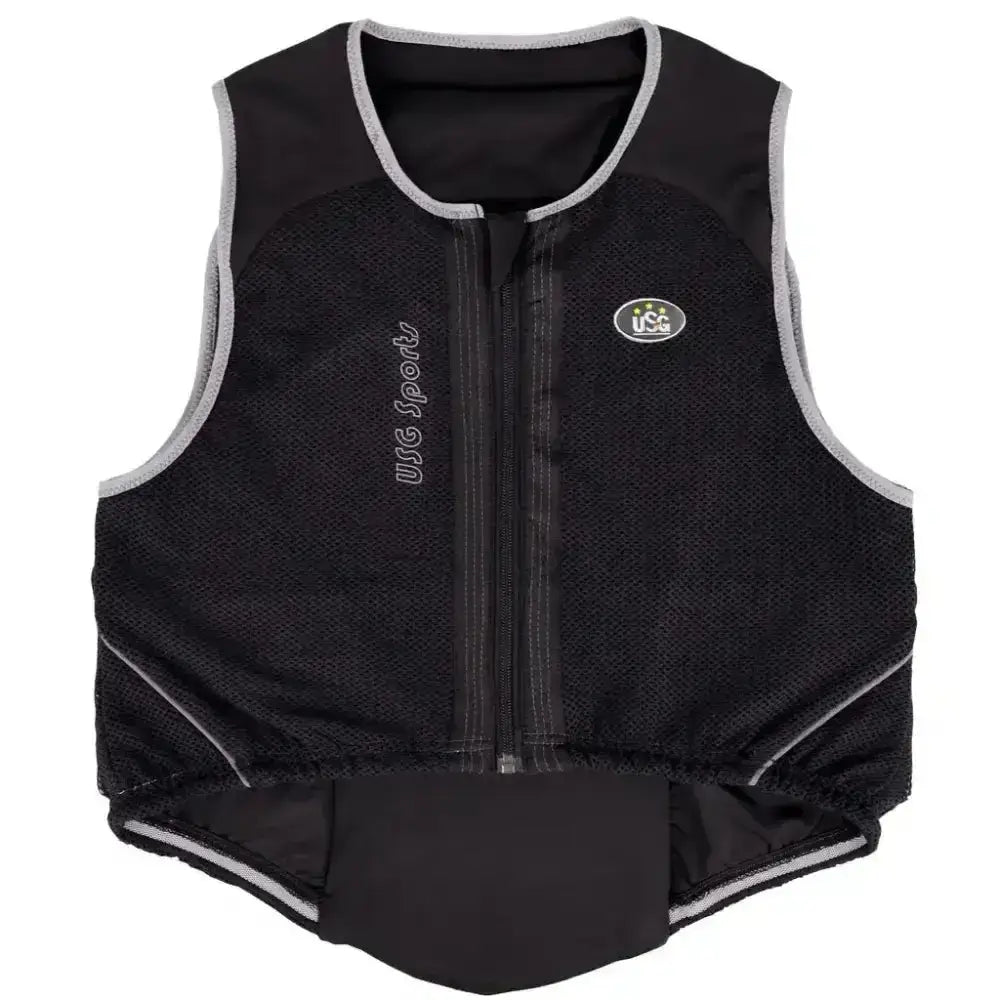 Black mesh usa sport safety vest with gray trim and zipper shown from back for usg precto quick fit back protector