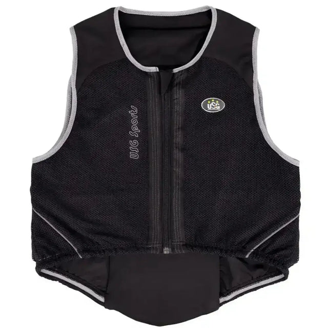 Black mesh usa sport safety vest with gray trim and zipper shown from back for usg precto quick fit back protector