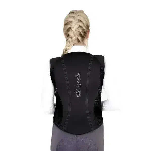 Black usg precto quick fit back protector vest with mesh panels and structured seams shown from the back side