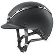 Black matte uvex exxeed active riding hat with silver stripes and adjustable straps extremely impact resistant helmet