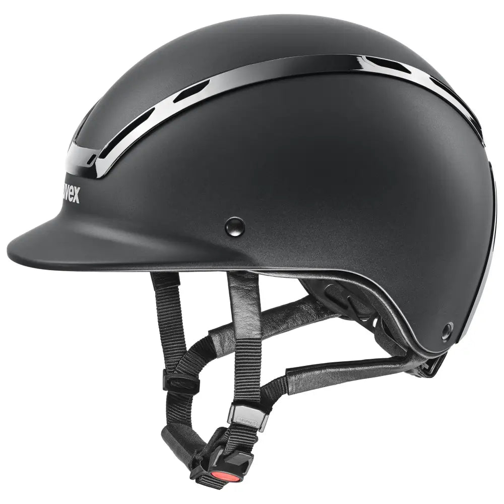 Black matte uvex exxeed active riding hat with silver stripes and adjustable straps extremely impact resistant helmet