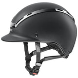 Black matte uvex exxeed active riding hat with silver stripes and adjustable straps extremely impact resistant helmet