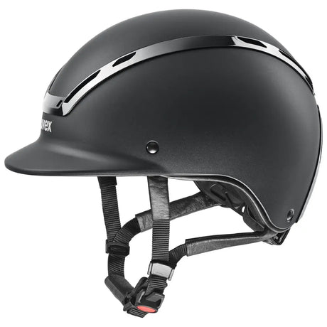 Black matte uvex exxeed active riding hat with silver stripes and adjustable straps extremely impact resistant helmet