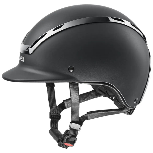 Black matte uvex exxeed active riding hat with silver stripes and adjustable straps extremely impact resistant helmet