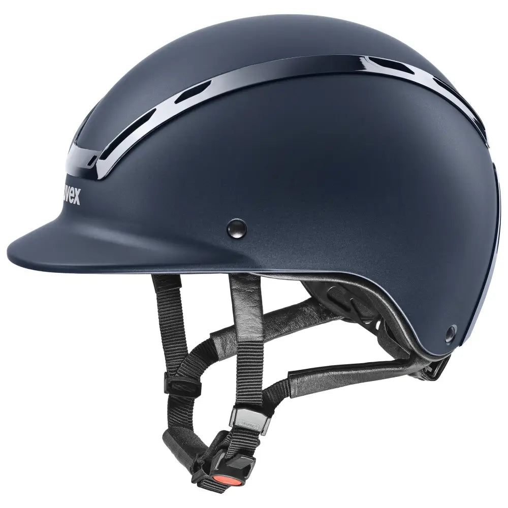 Navy blue matte uvex exxeed active riding hat with silver trim and black straps extremely impact resistant equestrian helmet
