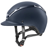 Navy blue matte uvex exxeed active riding hat with silver trim and black straps extremely impact resistant equestrian helmet