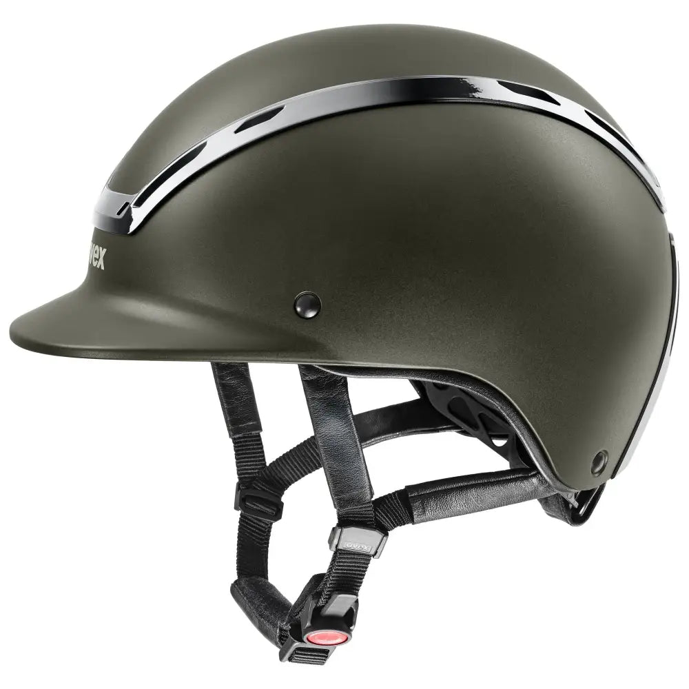 Olive green uvex exxeed active riding hat with sleek matte finish silver trim and extremely impact resistant design