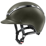 Olive green uvex exxeed active riding hat with sleek matte finish silver trim and extremely impact resistant design