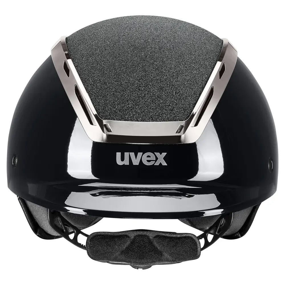 Black uvex exxeed blaze riding hat with glossy finish silver trim and gray padded crown extremely impact resistant